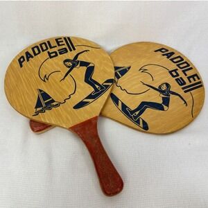 Vintage Paddle Ball Set‎ Wood Beach Paddles Surfer Graphic Game Toy